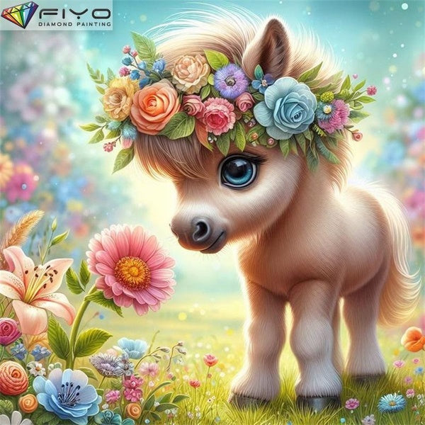 FIYO Flower Pony DIY 5D Diamond Painting Full Drill with Number Kits Home and Kitchen Fashion Mosaic Diamond Painting Canvas Wall Decoration Gift Cra