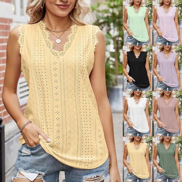 Women's Casual V-neck Sleeveless T-shirt Summer Fashion Hollowed Blouses Ladies Loose T Shirts