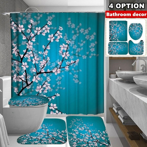 Home Bathroom Decoration Custom Chinese Plum Blossom Art Print Waterproof Shower Curtain 3-Piece Toilet Cover Mat Floor Rugs 1Pcs Doormat