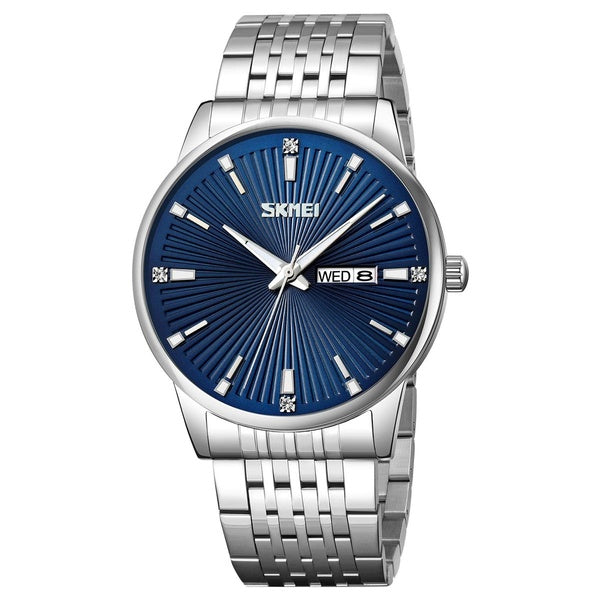 SKMEI montres de luxe en acier inoxydable pour hommes d'affaires double affichage du calendrier Tradition montres à Quartz analogiques