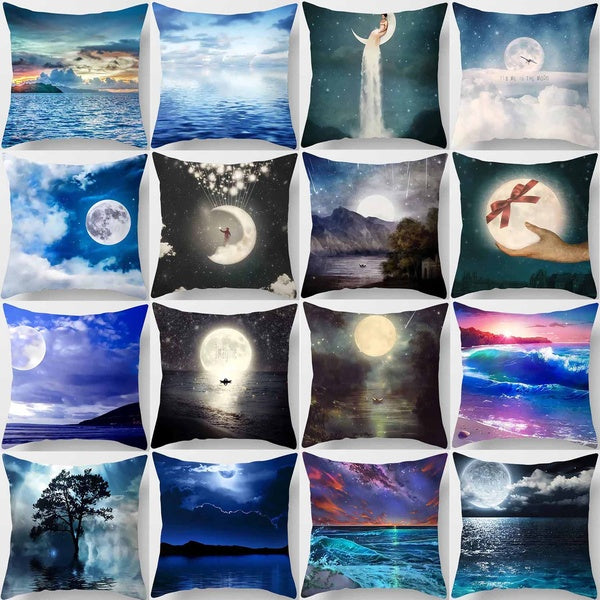 Seaside moonlight beautiful printed square pillowcase, used for home decoration, car sofa cushion cover (45cm * 45cm)
