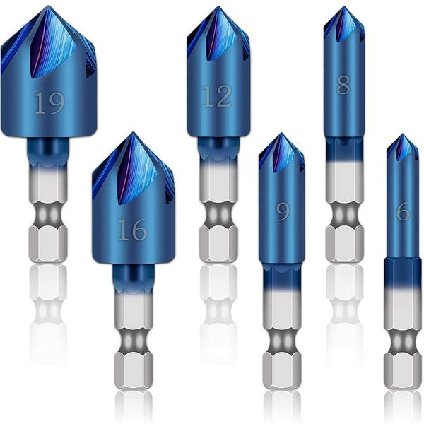 6pcs 6-19mm HSS Countersink Drill Bit Set High Speed Steel Wood Drill Bits 90 Degree Countersink Bit Chamfer Hand Power Tool