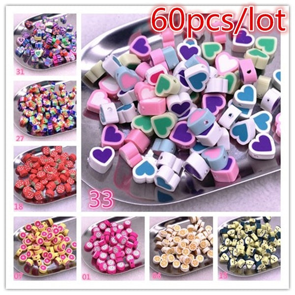 NEW 60pcs 10mm Fruit-Flower Beads Polymer Clay Beads Polymer Clay Spacer Loose Beads for Jewelry Making DIY Bracelet Accessories