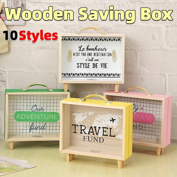 Boîte d'épargne en bois 10 styles de pièces de monnaie, objectifs, tirelire, compteur avec autocollants de nom, fait à la main, rétro personnalisé, b