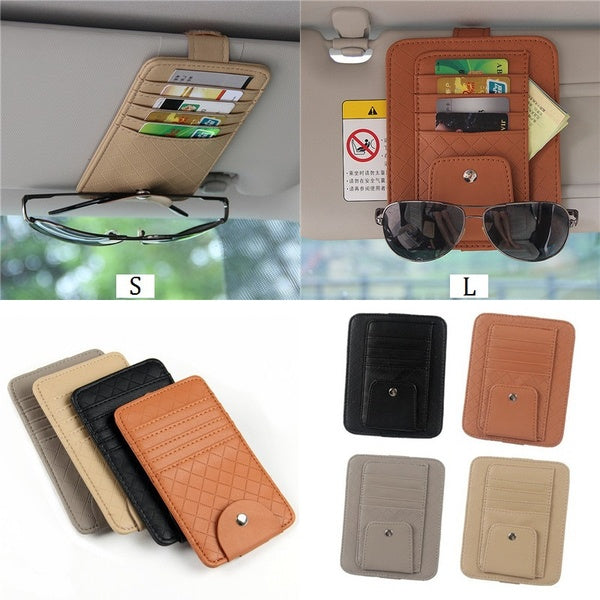 Car Sun Visor Leather Card Holder Multifunctional Car Safety Card Inserter Glasses Clip Card Organizer Car Accessories(S-L,4 Colors)