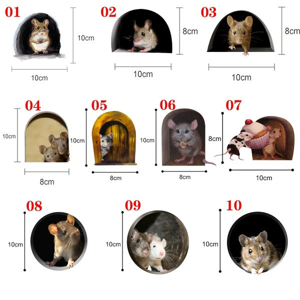 3pcs New Fashion Mouse Hole Sticker Creative 3D Cartoon Wall Sticker Home Kitchen Glass Wall Decoration Cute Funny Decals