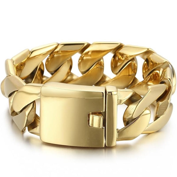 Luxury Gold Plated 316L Stainless Steel Bracelet for Men 24MM Wide Curb Chain Men's Brecelets Classic On Hand Jewellery Wrist Strap