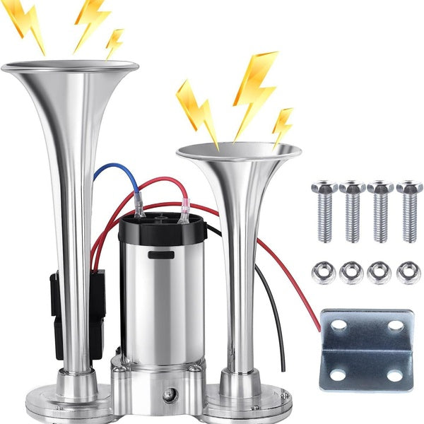 Upgraded 12V 600DB Air Horn Dual Trumpets, Super Loud Truck Train Horns Kit with Air Compressor for Any 12V SUV Motorcycle Trucks Pickup Jeep Lorries