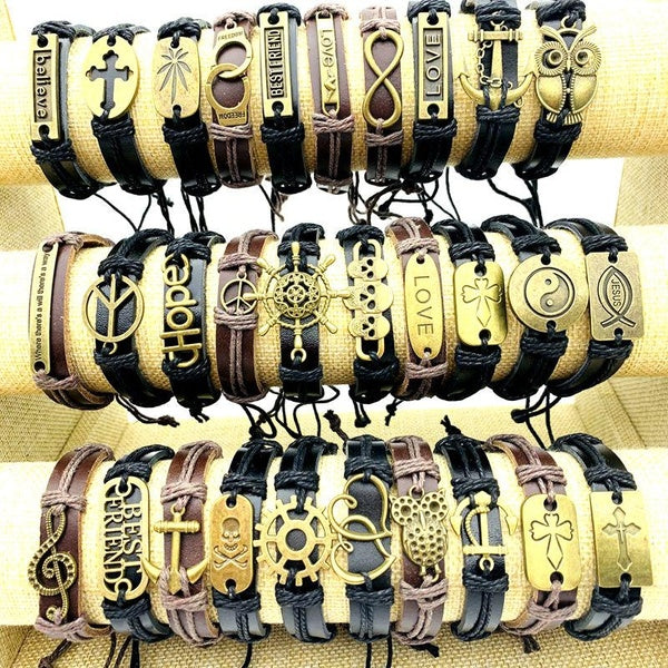 30pcs-Lot Leather Cuff Bracelets For Men Women Copper Alloy Rope Tie Handmade Fashion Jewelry Accessories Matron Inn