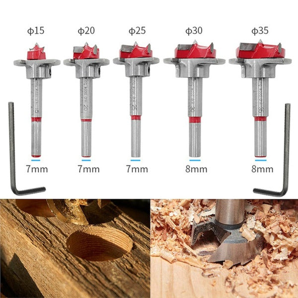 5pcs-set Woodworking Hole Drill Alloy Hinge Hole Saw Set Hex Wrench Cutter Carbide Drill Bits Boring Bit Tipped Drilling Tool 15-35MM