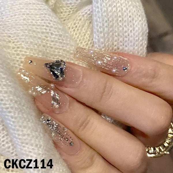 Pearl Water Diamond False Nail French Semi Black Fake Nails Light Gray Halo Dyed Shiny Star Fake Nails Love Heart Fake Nails With Glue