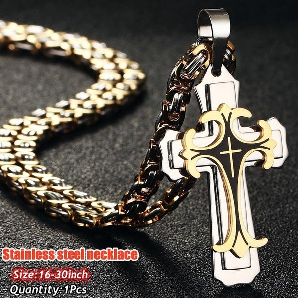 Vintage Fashion Cross Pendant Necklace Gold Silver Stainless Steel Necklace Pendant Handmade Byzantine Necklace for Men Classic Jewelry Accessories 1 Matron Inn