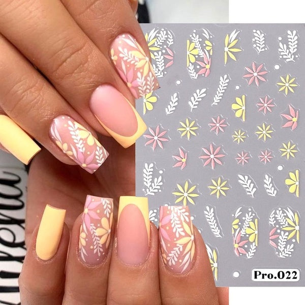 5D Embossed Flower Nail Stickers Colorful Simple DIY Wildflower Daisy Geometric Lines Gel Polish Decals Wedding Engraved Slider