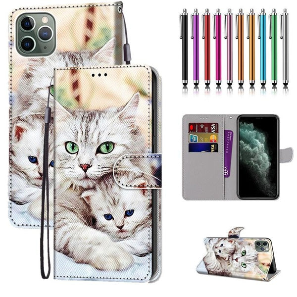 Grand chat câlin chaton motif PU cuir portefeuille Style étui à rabat avec porte-carte Protection étui pour téléphone portable avec stylet pour iPhon