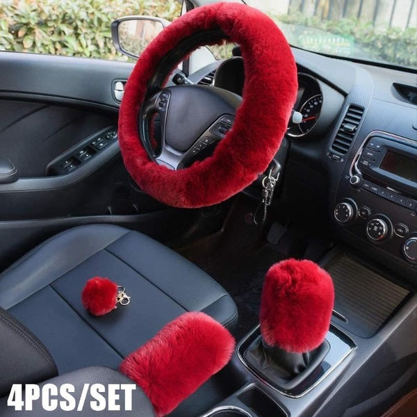 4PCS-Set Fluffy Steering Wheel Covers with Handbrake Cover & Gear Shift Cover & Plush Keychain Furry Steering Wheel Cover for Women Girl Fashion Warm Car