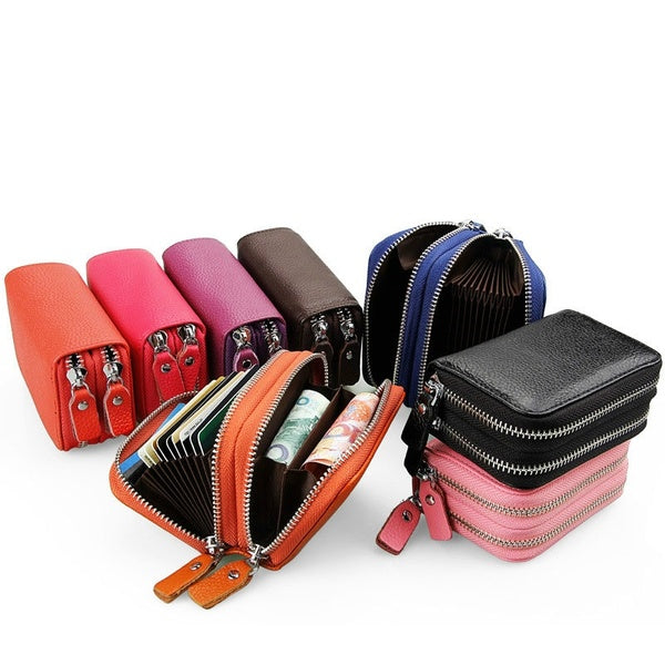 Fashion Women Card Holder Double Zipper Genuine Leather Wallet Credit Cards Case Bag