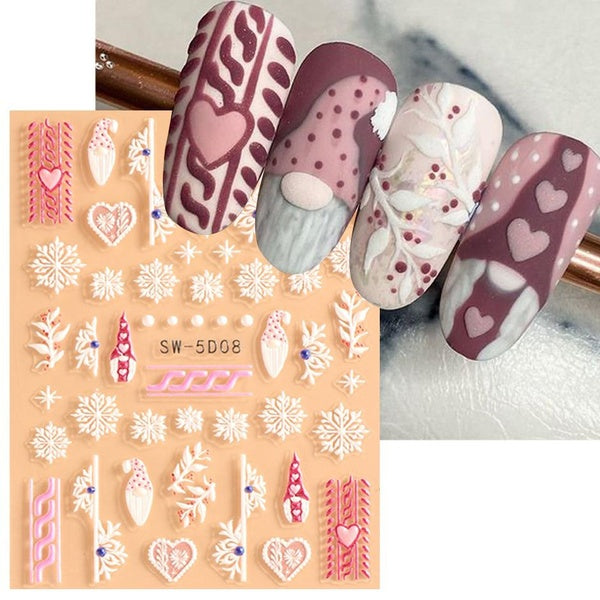 Gonk Christmas 5D Nail Stickers Pink Embossed Winter Sliders Snowflake Heart Sweater Cartoon Acrylic Manicure Nail Decals JISW5D