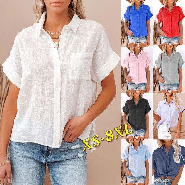 XS-8XL T-shirts boutonnés à manches courtes pour femmes d'été grande taille hauts décontractés couleur unie Blouses dames col rabattu chemises bouton