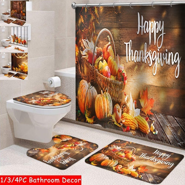(1-3-4pcs) Fall Stripe Pumpkin Bathroom Curtains Set Halloween Shower Curtain Waterproof Autumn Farmhouse Non-Slip Rugs Party Home Decor