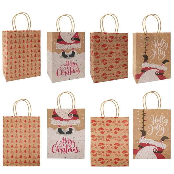 5Pcs Christmas Tree Santa Claus Kraft Paper Bags Xmas Party Decor Candy Gift Pakcaging Handle Bags New Year Eve Christmas Supplies
