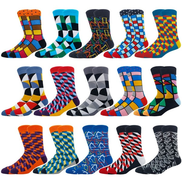 Men's Funny Happy Socks High Quality Combed Cotton Diamond Pattern Geometric Funny Large size Long barrel Casual Sock
