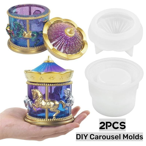2pcs-set DIY Carousel Storage Box Vase Silicone Molds Resin Plaster Clay Craft