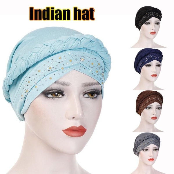 Fashion Muslim Women's Milk Silk Braid Point Drill Decor Turban Hijab Cap Elastic Cancer Chemo Hats for Hair Loss Head Scarf