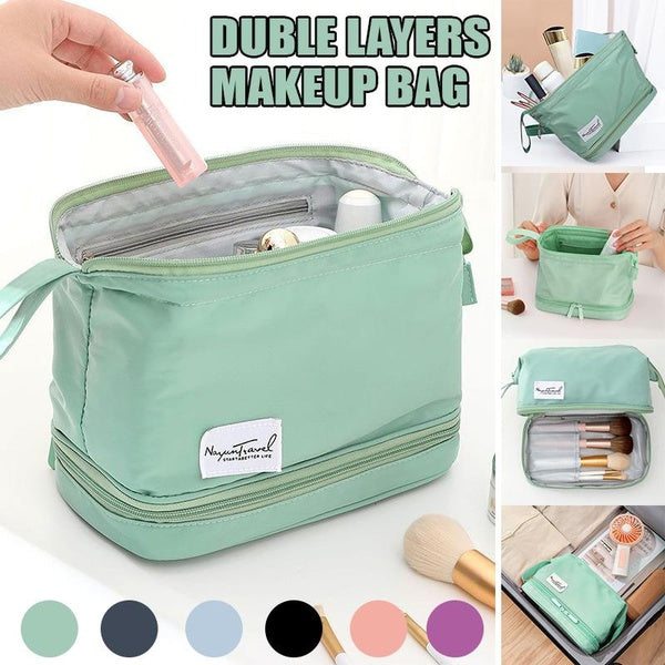 Waterproof Double Layer Makeup Bag with Brush Organizer, Large Capacity Makeup Bag with Compartments, Travel Cosmetic Pouch Organizer, Portable Dual