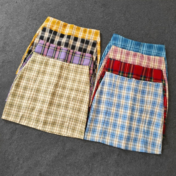 Vintage Plaid Womens Summer High Waist Pencil Mini Skirts Lining With Shorts