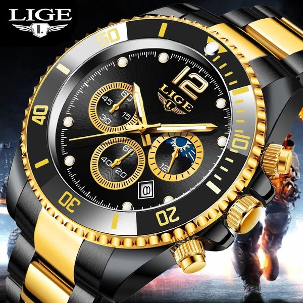 LIGE montres hommes haut marque de luxe horloge décontracté acier inoxydable 24 heures Phase de lune hommes montre Sport étanche Quartz chronographe