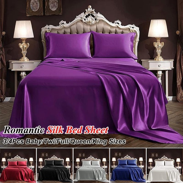 Soft Satin Silk Bedding Set Luxury Silk Sheets 3-4 Pcs Set Bed Sheets Set, 1 Fitted Sheet + 1 Flat Sheet + 1-2 Pillowcase, Baby-Twin-Full-Queen-Kin
