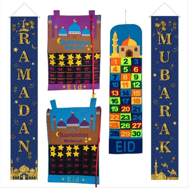 Ramadan Mubarak 30days Advent Calendar Hanging Felt Countdown Calendar EID MUBARAK Curtain Home Decor Ramadan Decoration Supplies