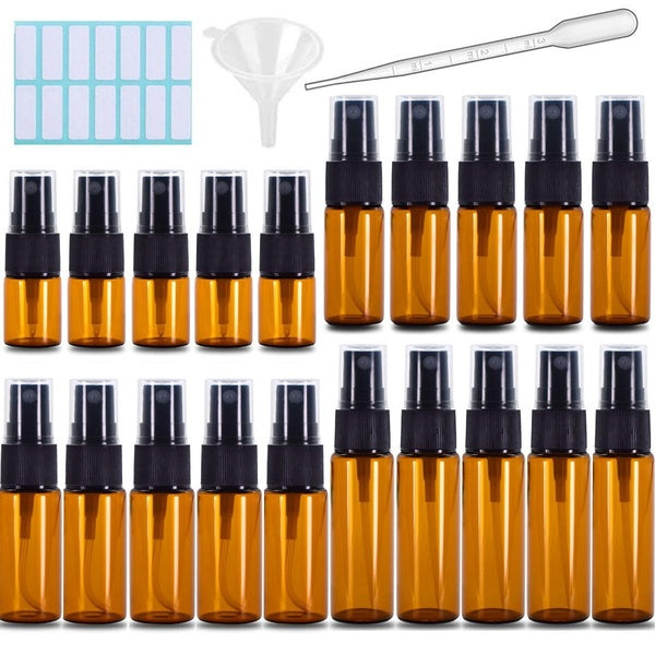 5-10 Pack Amber Glass Spray Bottles, Fine Mist Spray Bottles with Pipette Funnel Labels, Mini Travel Dispenser Bottles for Essential Oils Cleaning Sk