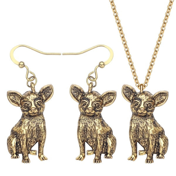 Alloy Plated Antique Gold Chihuahua Dog Jewelry Sets Earrings Necklace Mental Animal Jewelry Accessory For Women Girls Teens Charms Gift