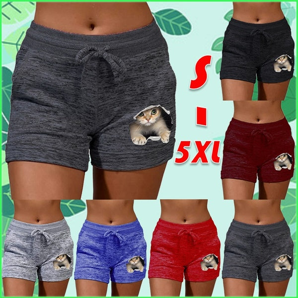 New Cute Cat Printed Women Shorts Summer Women's Cotton High Waist Shorts Quick-drying Sports Fitness Shorts Yoga Pants Ladies Casual Plus Size Draws