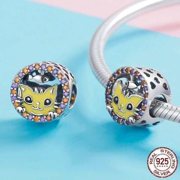 Bamoer Cute Lovely Kitten Enamel 925 Perles en argent sterling CZ Charms pour Bracelet Collier Fabrication de bijoux
