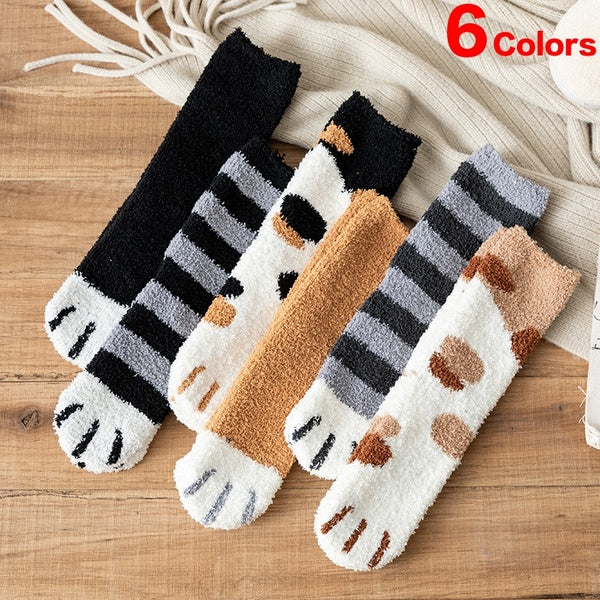 6 Colors New Autumn and Winter Cute Cat Claw Plush Coral Velvet Socks In The Tube Socks Thick Warm Sleeping Floor Sleep Socks