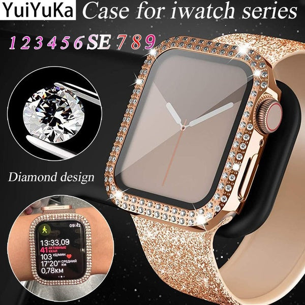 YuiYuKa Diamond case with tempered glass for Apple Watch serie 9 8 7 6 SE 5 4 3 2 1 Accessories cover +Screen Protector for iWatch 41mm 45mm 40mm 44m