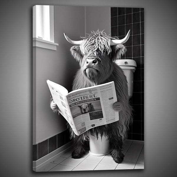 Unframed Black and White Wall Art,Highland Cow Sitting on The Toilet Reading A Newspaper, Funny Bathroom Wall Decor, Funny Animal Print for Home