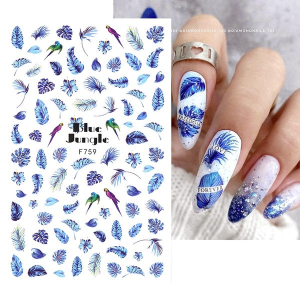 1PC Flower Leaf 3D Nail Stickers Blue Gold Cool Fall Leaves Summer Autumn Transfer Slider Nail Art Decoration Manicure For Nails