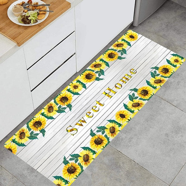 Sunflower and Rustic Wood Plank Pattern Rug Runner Rug for Dining Room, Kitchen, Bathroom, Bedroom Non-slip Floor Mats Carpet