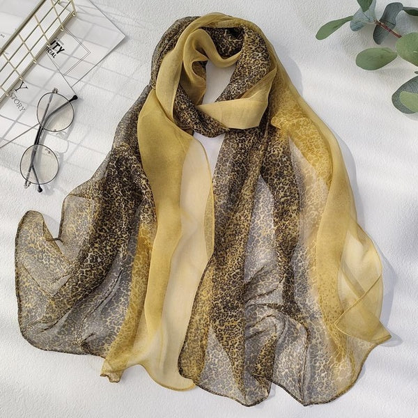 Women's Fashion Summer Long Soft Leopard Print Scarf Shawl Chiffon Silk Scarves Sunscreen Beach Scarf