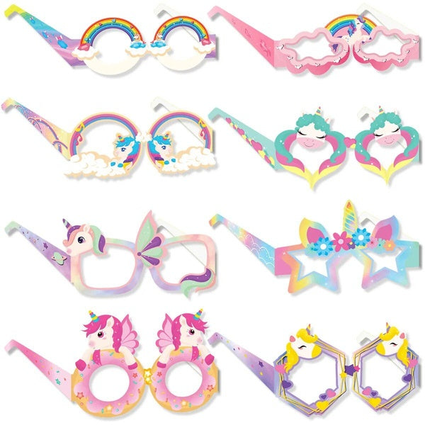 8Pcs Rainbow Unicorn Paper Glasses Set Photo Booth Props for Kids Birthday Party Supplies Decoration Favors Gifts