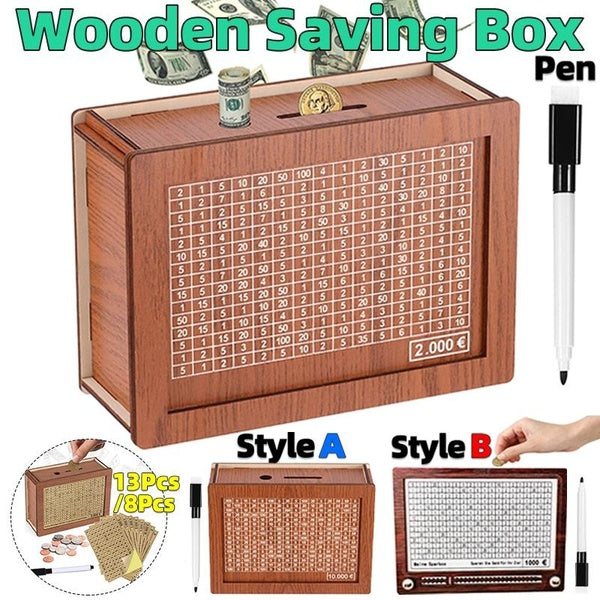 Boîte d'épargne en bois faite à la main, tirelire, compteur d'objectifs, réutilisable, rétro, personnalisé, boîte de rangement de pièces de monnaie a