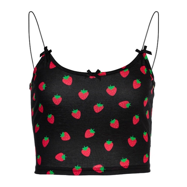 Fashion Trend Women Ladies Sweet Strawberry Print Bow Summer Crop Tops Casual Pink Beach Holiday Tanks Sun-tops Camisole