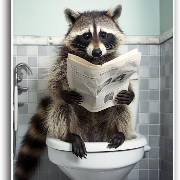 Canvas Wall Art Raccoon Sitting on Toilet Reading Newspaper Funny Toilet Animal Poster Print Bathroom Wall Decor Unique Funny Gift Modern Home Decor