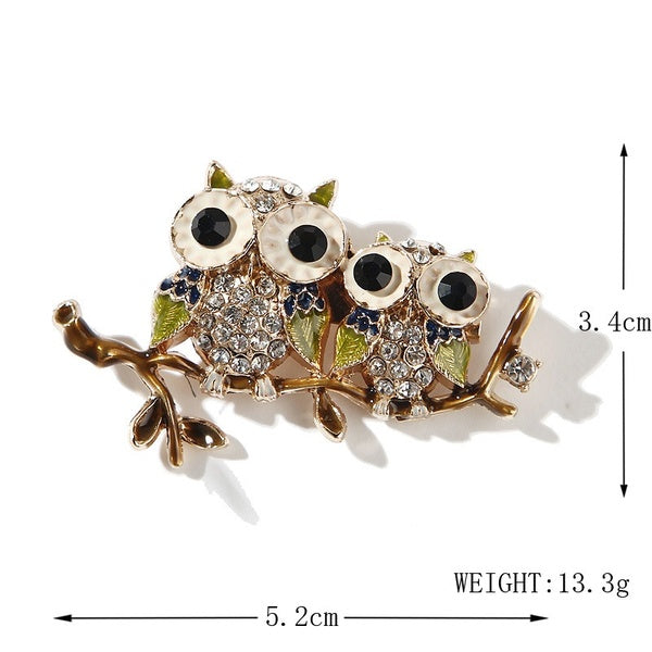 Fashion Cartoon Simple Blue Full Drill Eyes Double Owl Brooch Pin Women's Clothing Pin Accessories