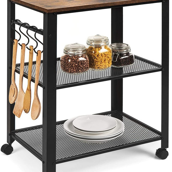 3-Tier Microwave Cart Rolling Utility Coffee Bar Serving Cart Organizer for Kitchen, Living Room Accent Furniture w- 2 Metal Storage Shelves, 4 Hooks
