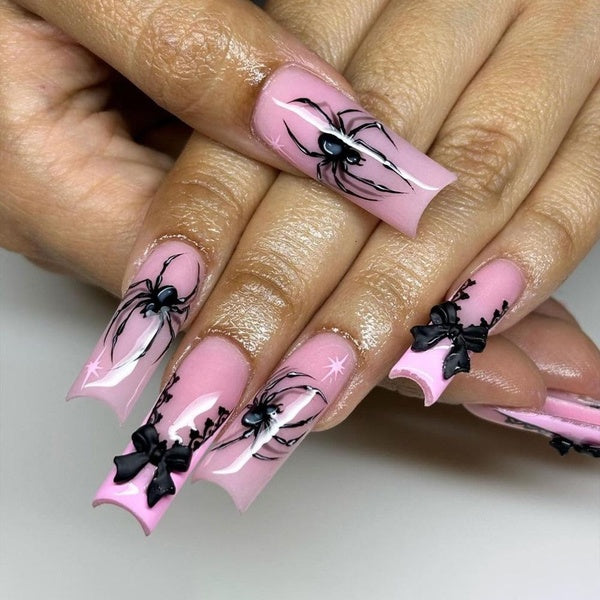 Long Coffin Pink Press on Nails Happy Halloween Party Ballerina Fake Nails Black Spider Bowknot Designs Women Girls False Nails