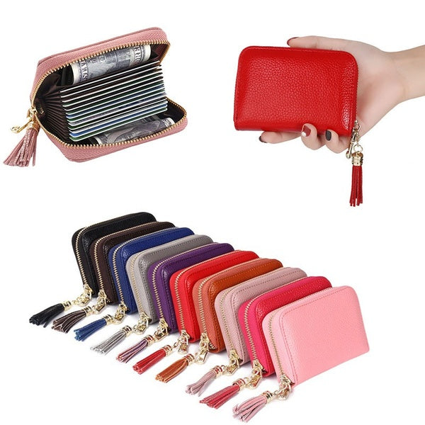 Fashion Women Credit Card Holder Genuine Leather Cute Tassel Lady Zipper Card Case Wallet Organizer